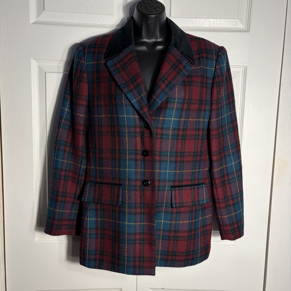 Vintage Kasper Co Wool Blazer Women 10 Red Blue Tartan Plaid Velvet Collar 90s